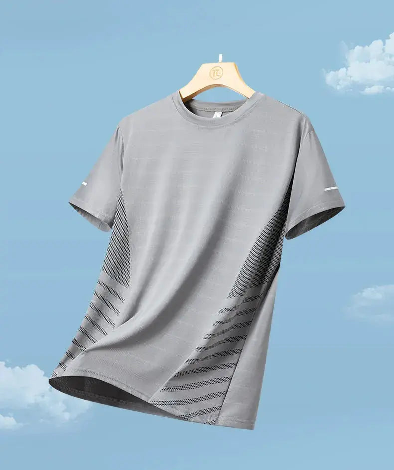 Men's gray running T-shirt with breathable mesh side panels and short sleeves