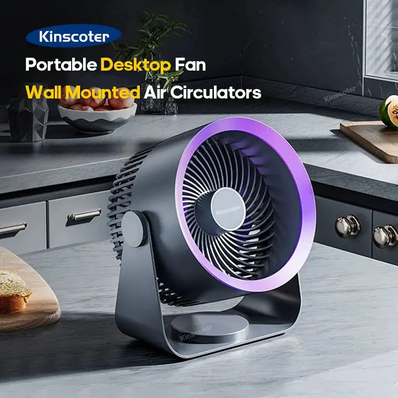 Kinscoter desktop fan circulator with purple LED ring, wireless portable home cooler