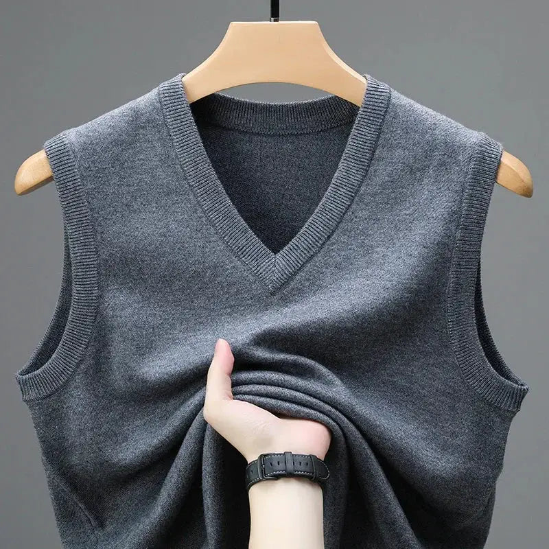 Men's gray wool sleeveless knit vest with V-neck, solid color waistcoat