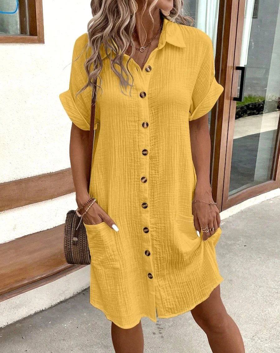 Vintage Womens Mini Dress Cotton Linen Summer V Neck Sleeves