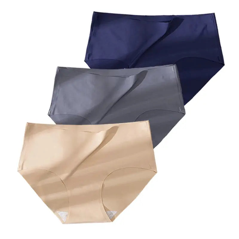 3-pack plus-size women's seamless panties in beige, gray, and navy ice-silk fabric