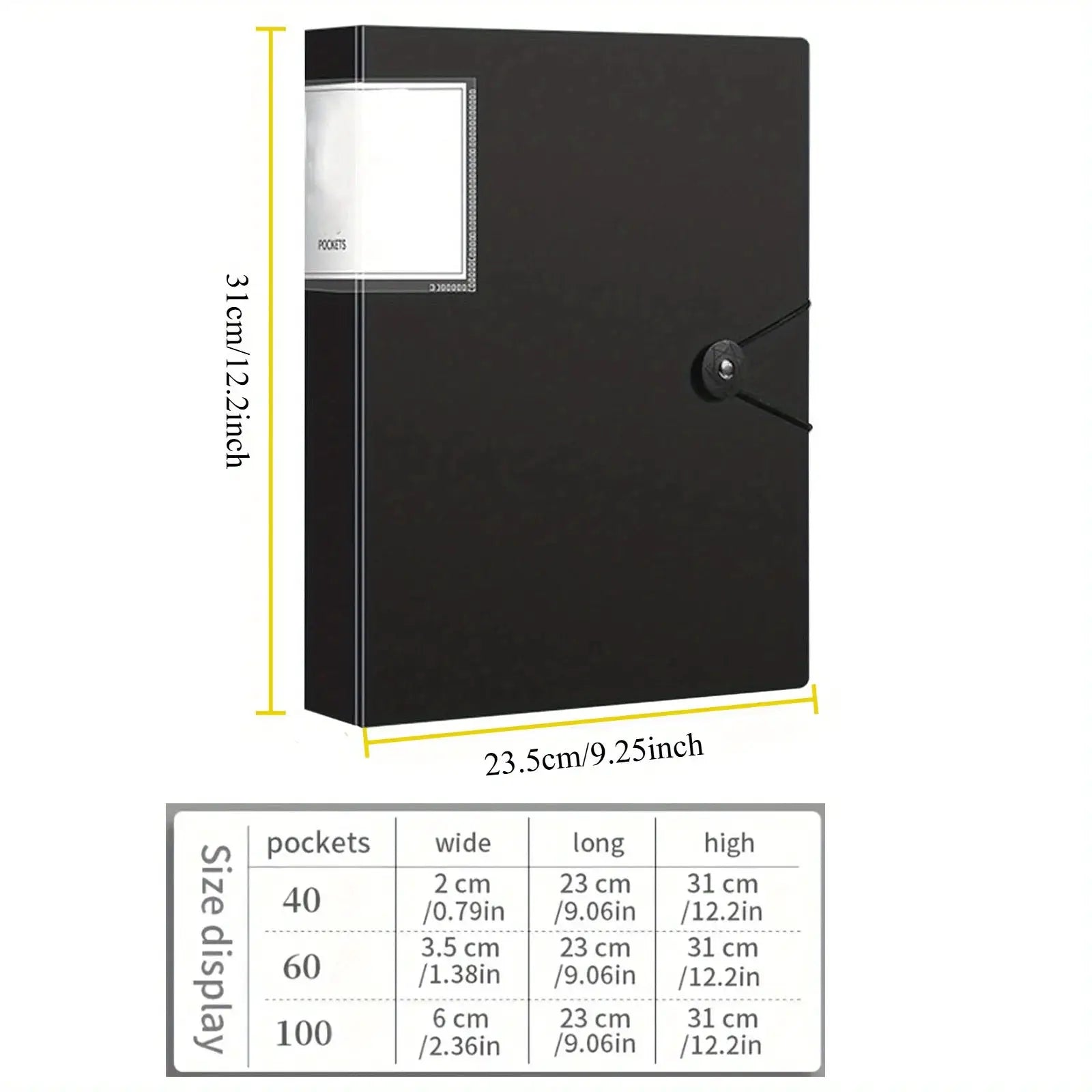 Simples Market black portfolio binder with elastic strap and clear front pocket, 31 cm tall by 23.5 cm wide