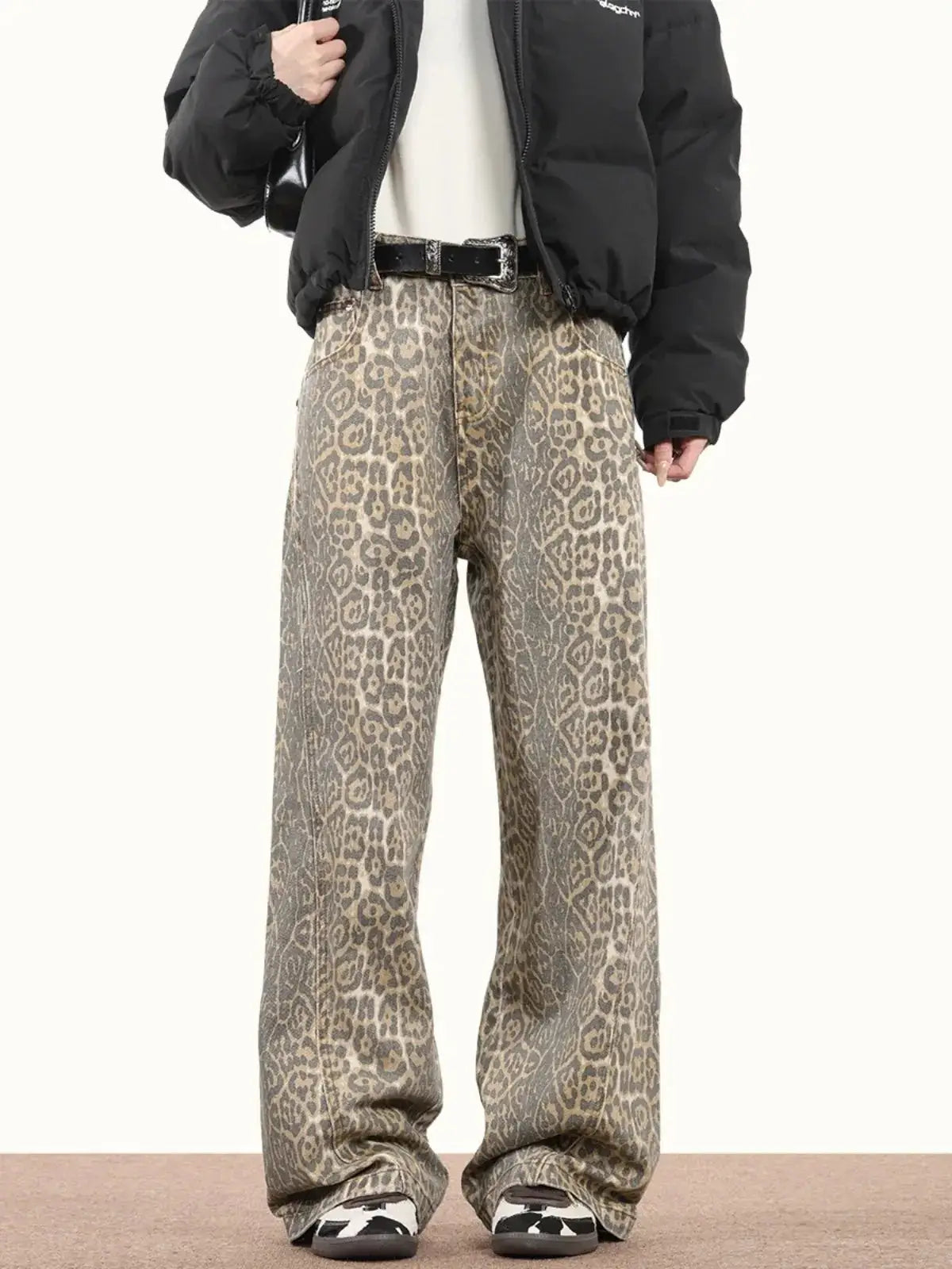 Baggy Wide Leg Jeans Women High Waisted Leopard Print Y2K Denim