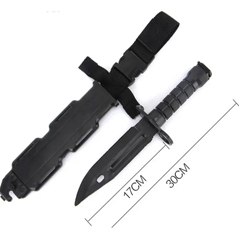 M9 Model tactical rubber knife with sheath and strap, black plastic blade, 30 cm overall Simples Market