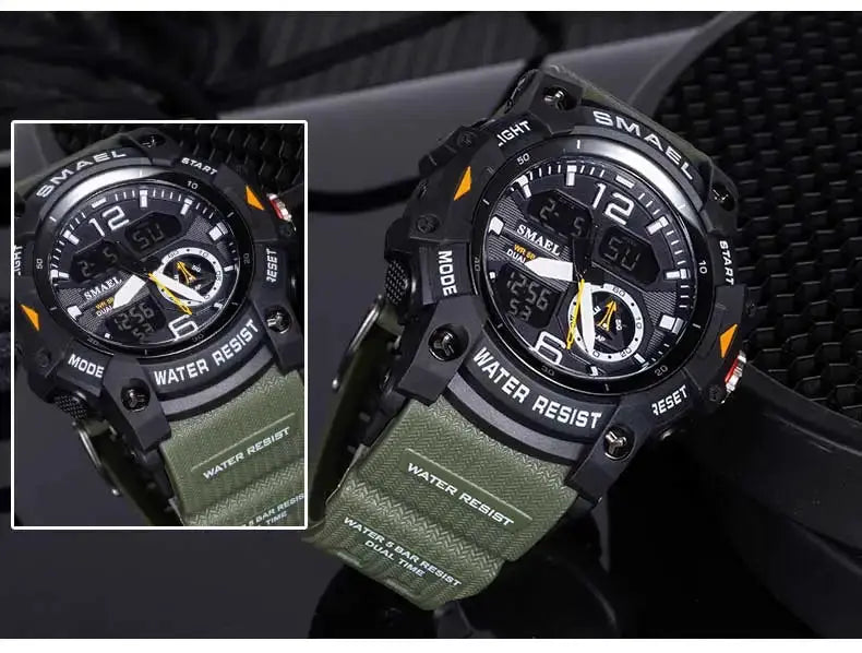 SMAEL sport watch military men's wristwatch, black case with olive-green strap, LED dual-time display, water resistant