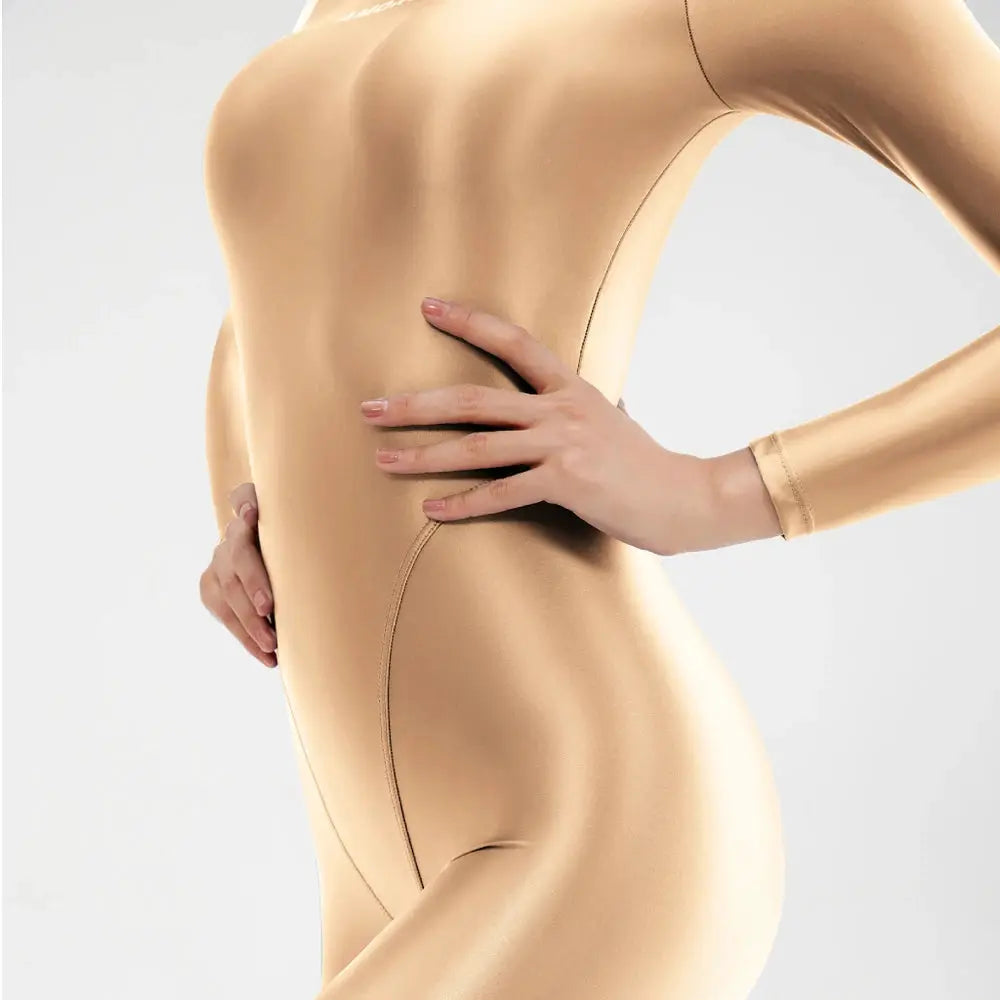 Beige AMORESY wetlook catsuit fullbody leotard with glossy finish