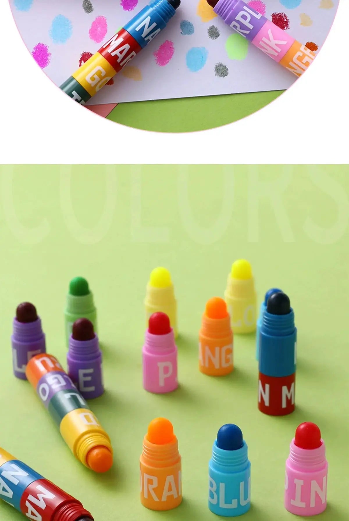 12-color highlighter pen set with neon colored caps scattered on a green background
