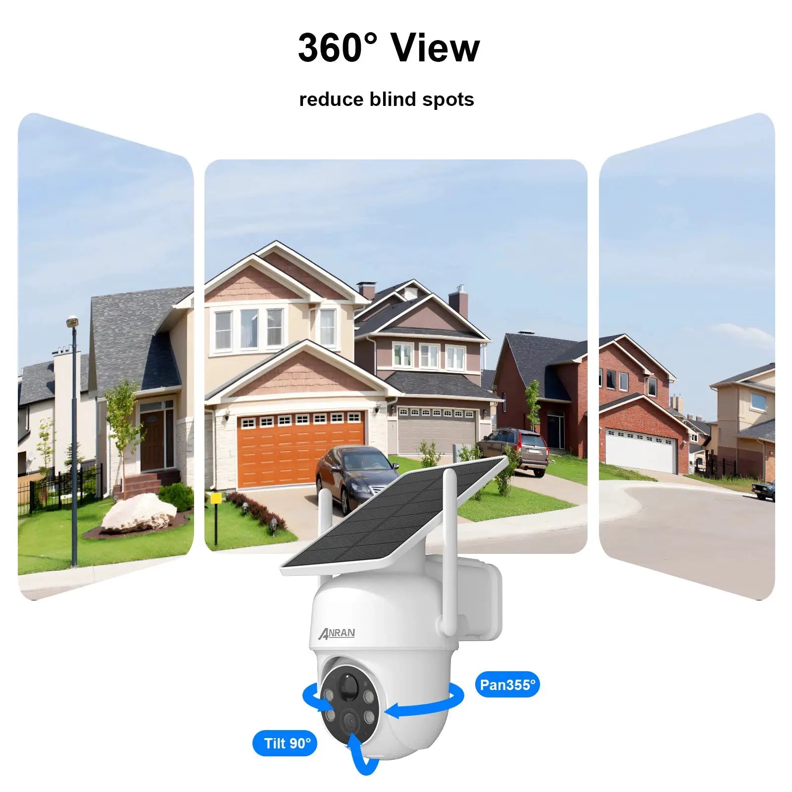 ANRAN solar security camera, white outdoor unit with solar panel, 360° view (Pan 355°, Tilt 90°), 2K/3MP