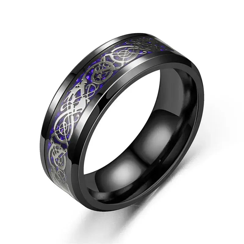 8mm black stainless steel Celtic dragon ring; unisex fashion jewelry with silver dragon motif and purple accents