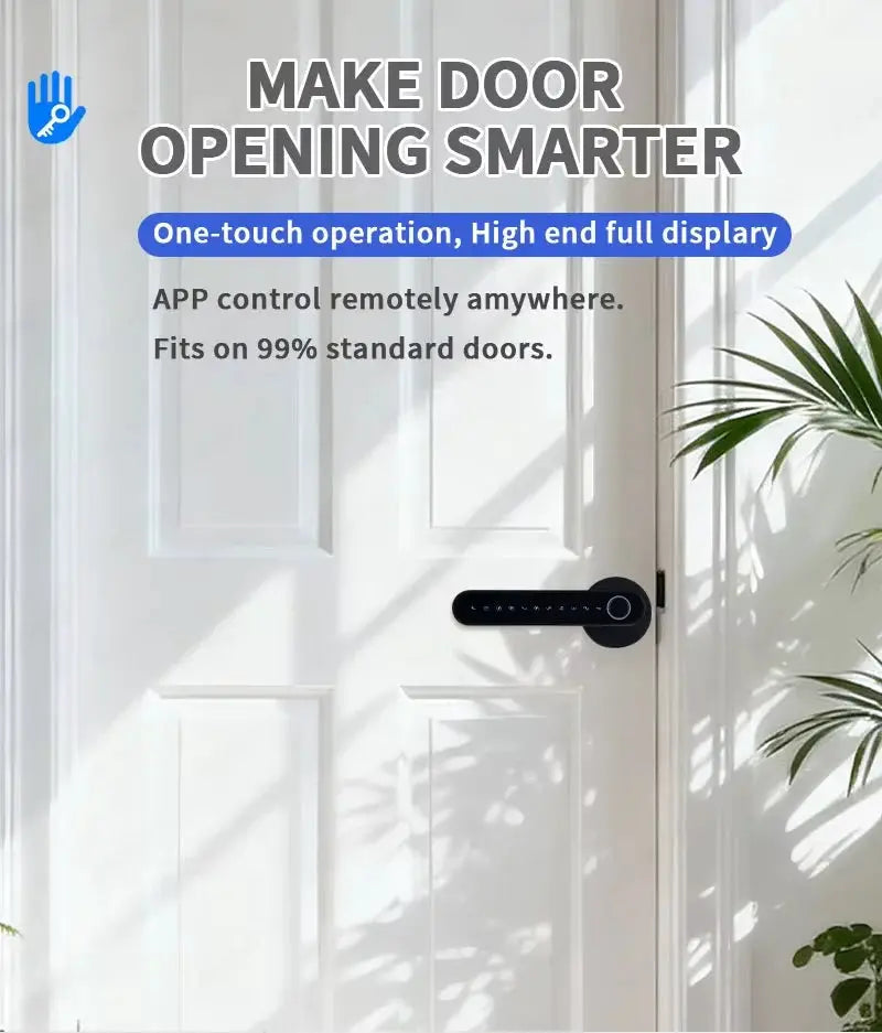 TTLock Smart Door Lock by Simples Market, black electronic door lock on a white door