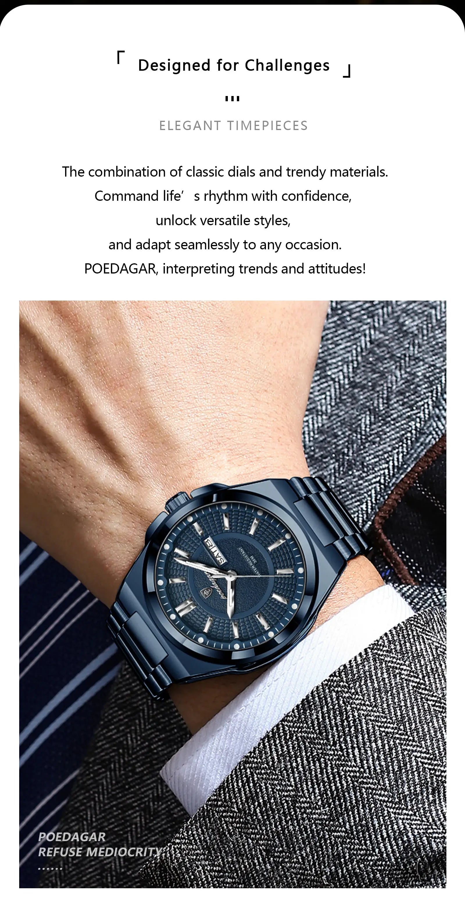 POEDAGAR men's stainless steel wristwatch with blue dial and date window