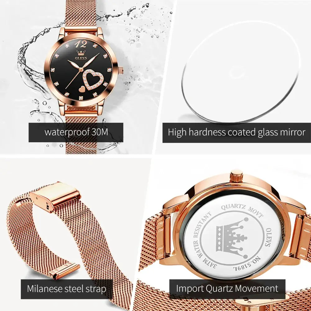 OLEVS women's rose-gold mesh Milanese strap quartz watch with black dial, heart motif, crystal markers, waterproof 30M
