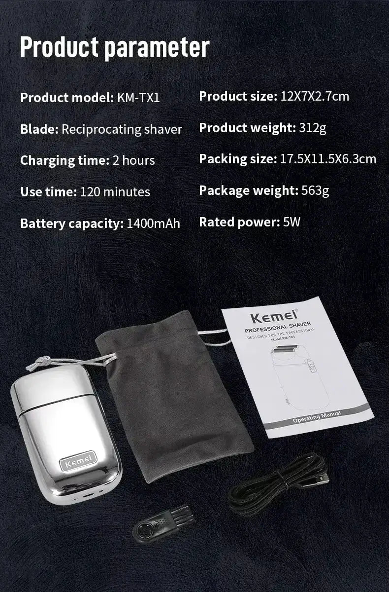 Kemei KM-TX1 metal-bodied hair clipper in silver; rechargeable men's shaver with USB cable, black pouch and manual.