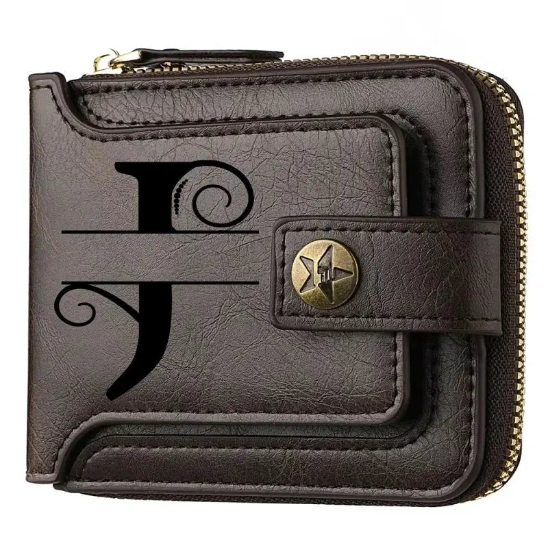 Brown PU leather bifold men's wallet with zip-around closure and brass snap strap