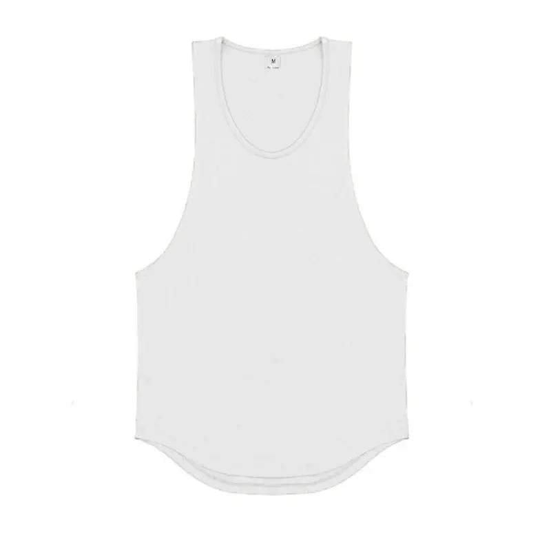 White cotton breathable sleeveless gym tank top for men, solid color with curved hem