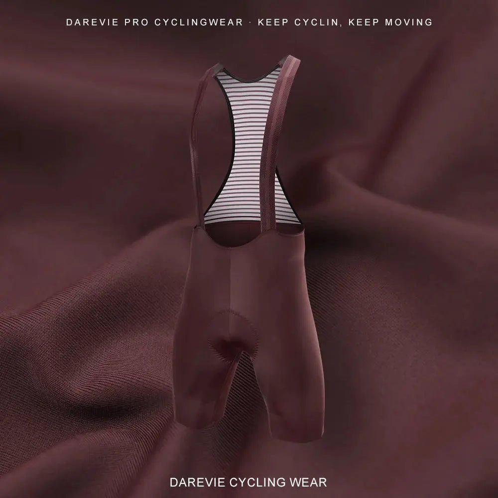 DAREVIE men's cycling bib shorts in wine red with striped back panel, seamless 4-way stretch