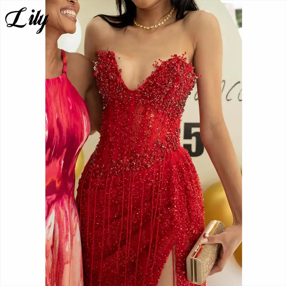 Lily Red Sequined Deep V Neck Evening Gown With Beaded Fringe