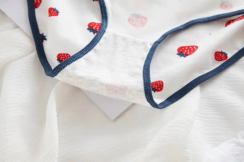 Cotton women's underwear with strawberry print and navy trim; breathable briefs