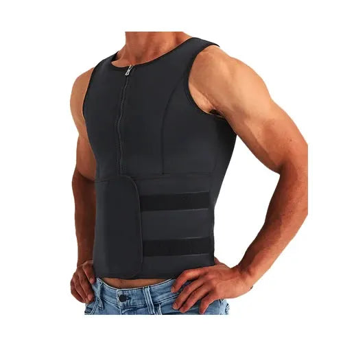 Men's black waist trainer sauna vest with front zipper and adjustable waist straps