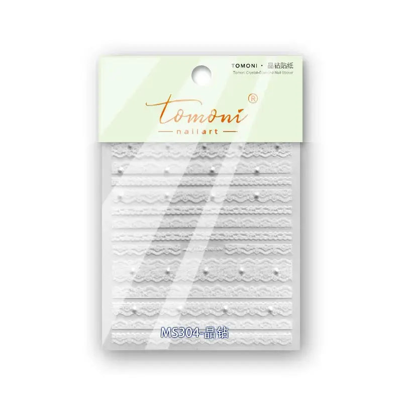 Tomoni nail art adhesive sticker sheet MS304 with white lace stripe patterns and small dot accents