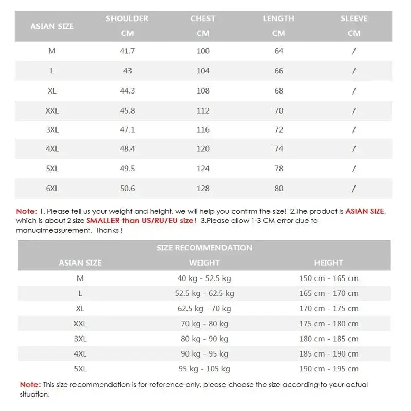 Simples Market men's sleeveless hooded vest size chart with Asian sizes and weight/height guidance