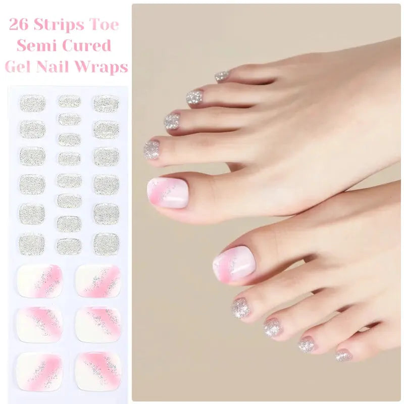 Simples Market Gradient Auroras 26 toe gel nail strips; pink gradient with silver glitter tips