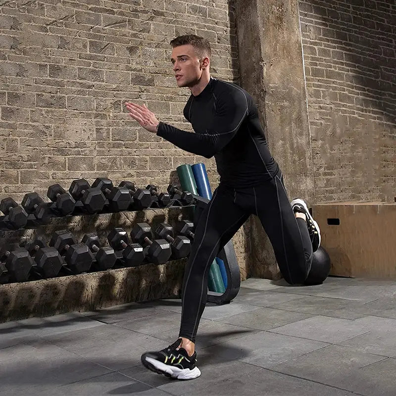 Men's black quick-dry long-sleeve compression top for gym and running workouts