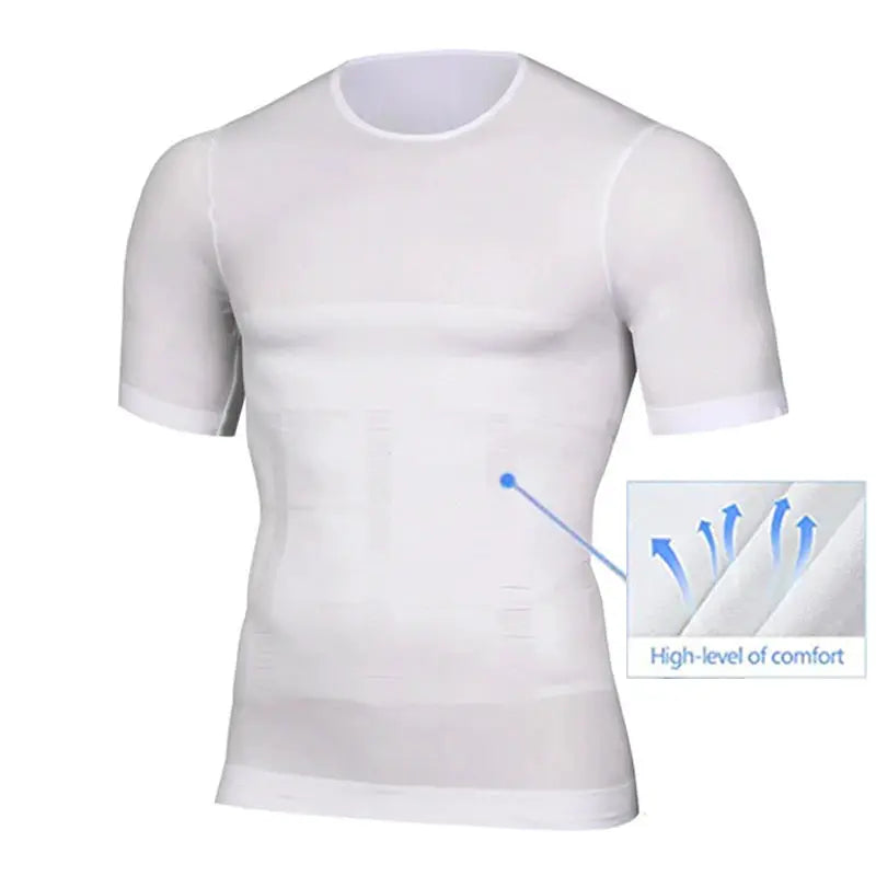 Men's compression shirt, white abdomen-shaper undershirt with short sleeves and breathable panels