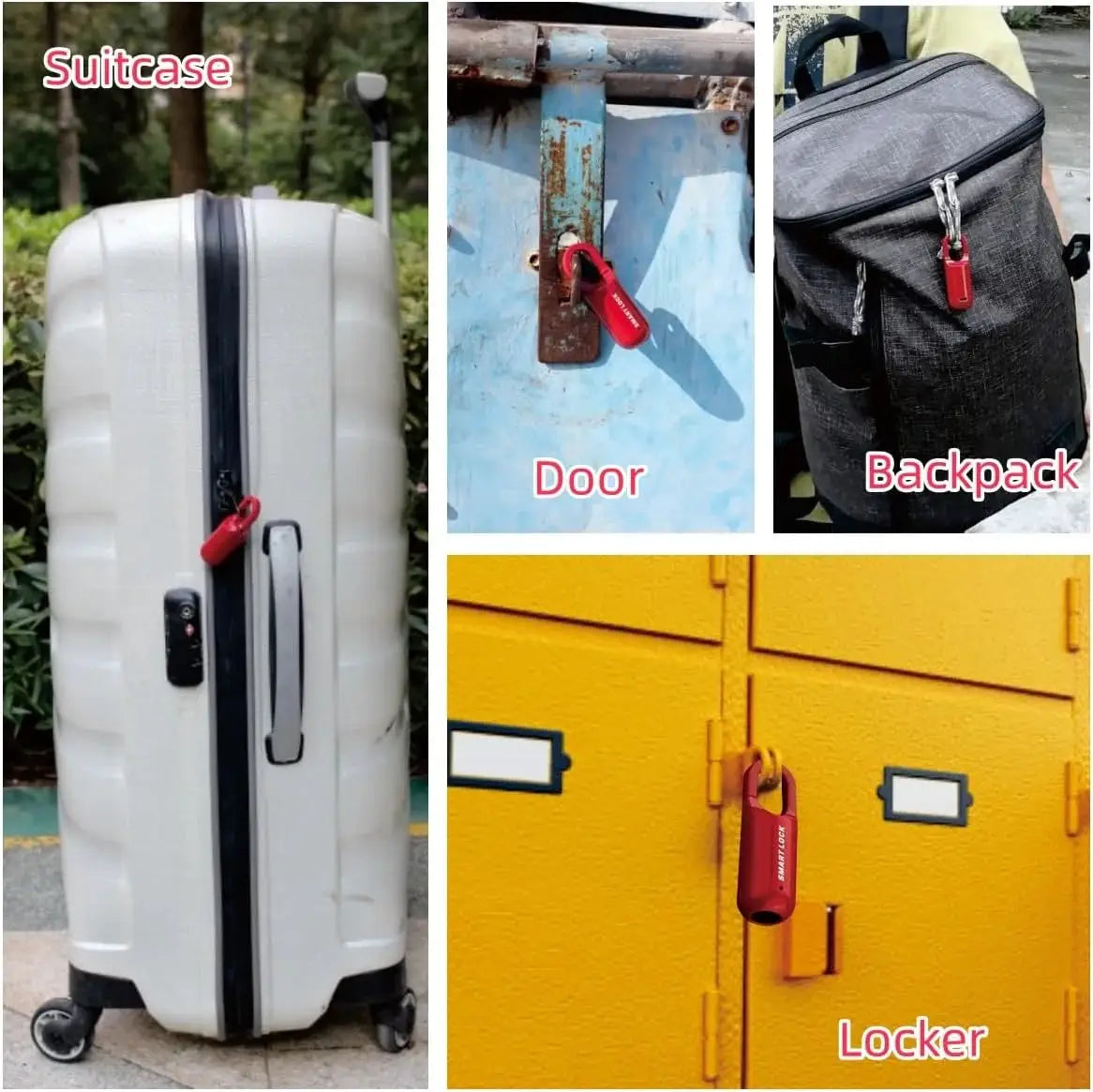Simples Market red mini smart fingerprint padlock; shown on four items: suitcase, door, backpack, locker.