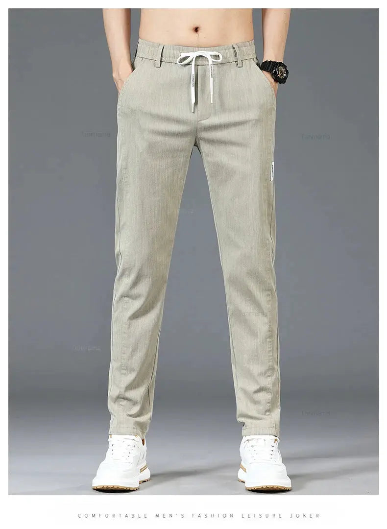 Men's casual pants with elastic drawstring waist, slim straight fit in khaki