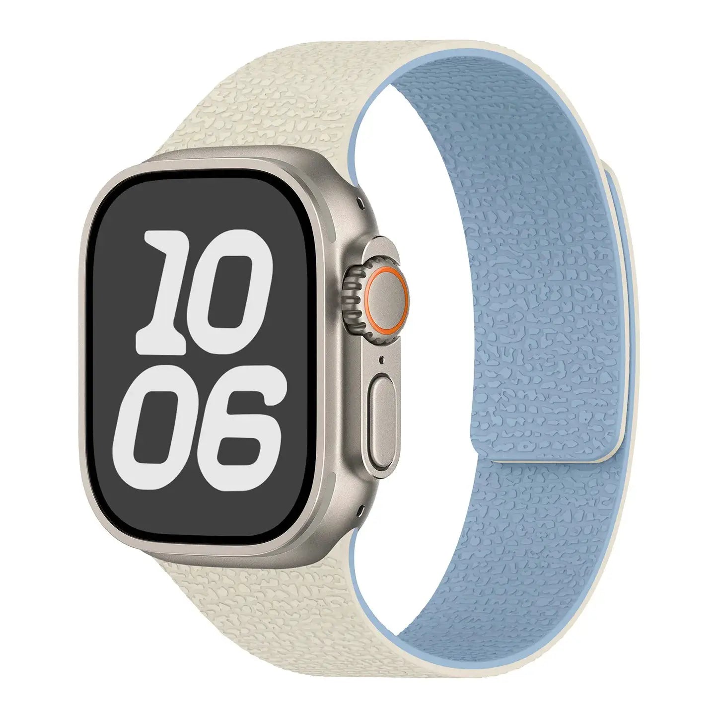 Simples Market silicone magnetic Apple Watch band, beige outer with blue inner, fits 40–49mm Apple Watch sizes.
