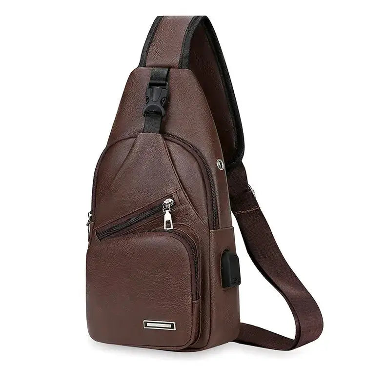 Men's chest bag in brown leather-style with multiple zip pockets and adjustable strap