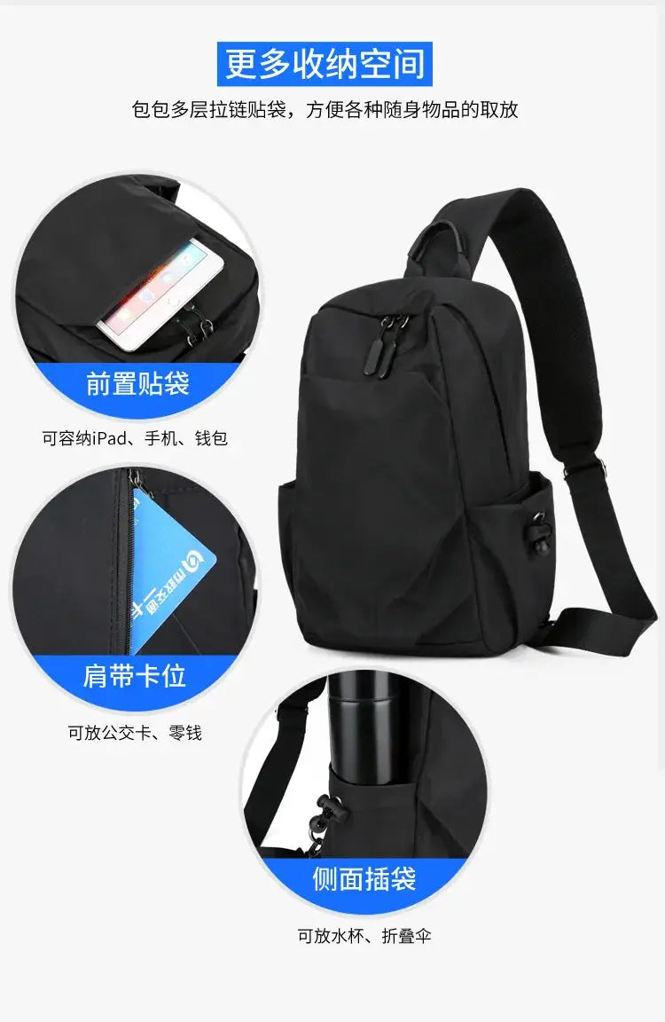 Men's black canvas chest bag by Simples Market with multiple pockets and an adjustable strap