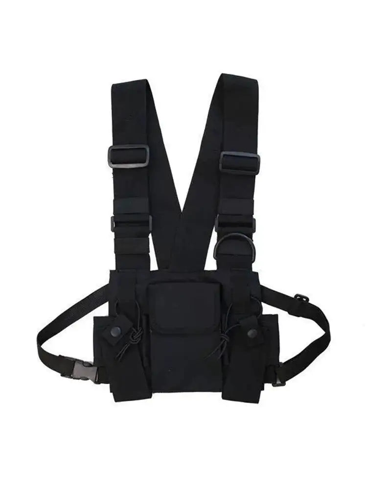 Tactical chest rig bag in black with adjustable shoulder straps and multiple front pockets.