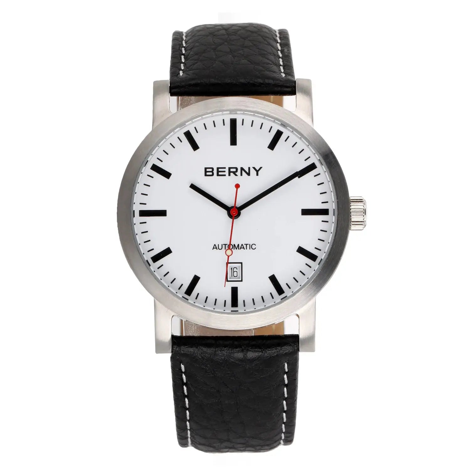 BERNY men's automatic wristwatch with white dial, stainless steel case and black leather strap