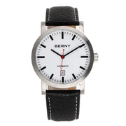 BERNY men's automatic wristwatch with white dial, stainless steel case and black leather strap