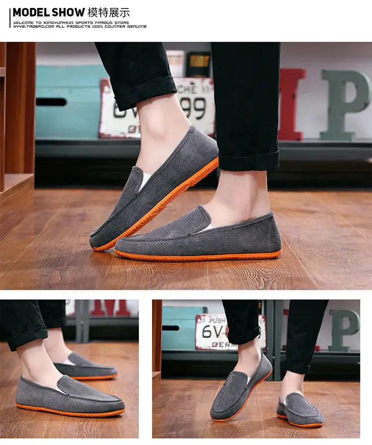 Men's grey fabric loafers slip-on with orange sole for casual driving and summer wear