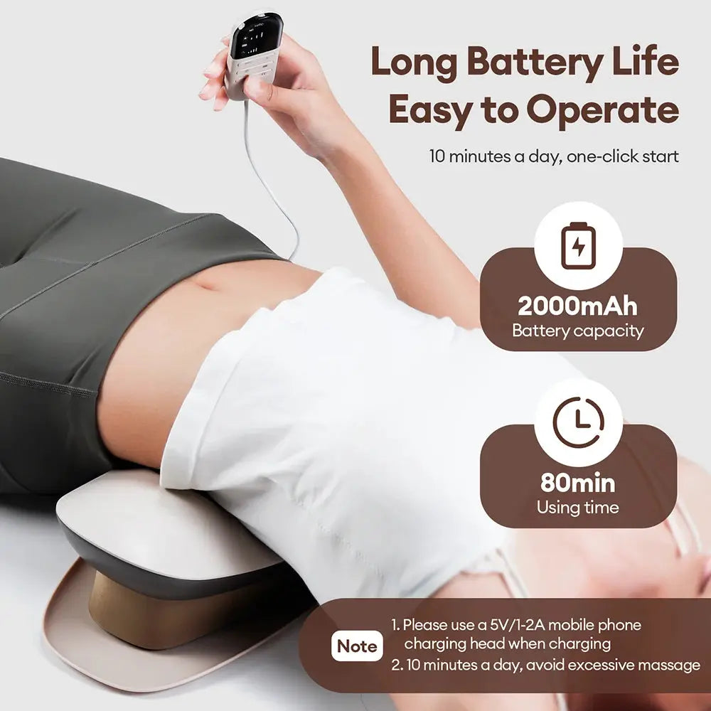 Electric lumbar traction massager with handheld controller; device on brown cushion for back/waist relief, 2000mAh battery