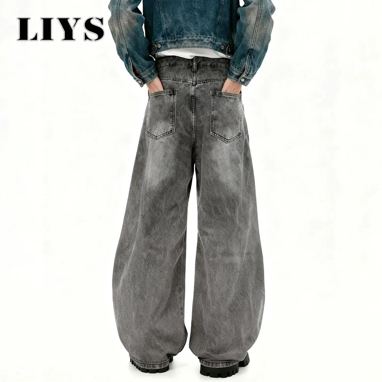 Men's retro baggy wide-leg gray denim jeans with back pockets, LIYS logo