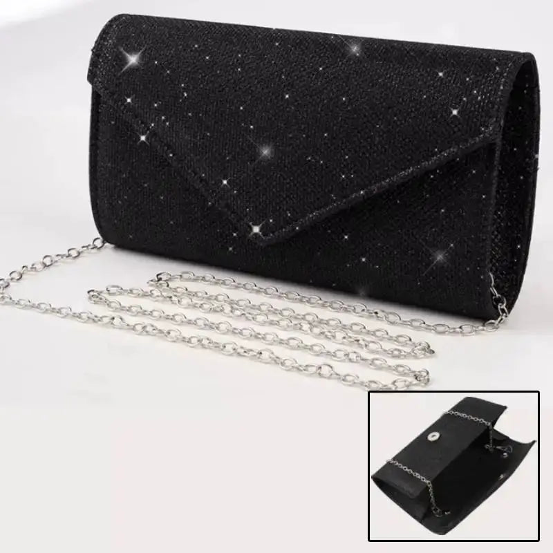 Black glitter envelope evening bag with silver chain, clutch for weddings and parties.
