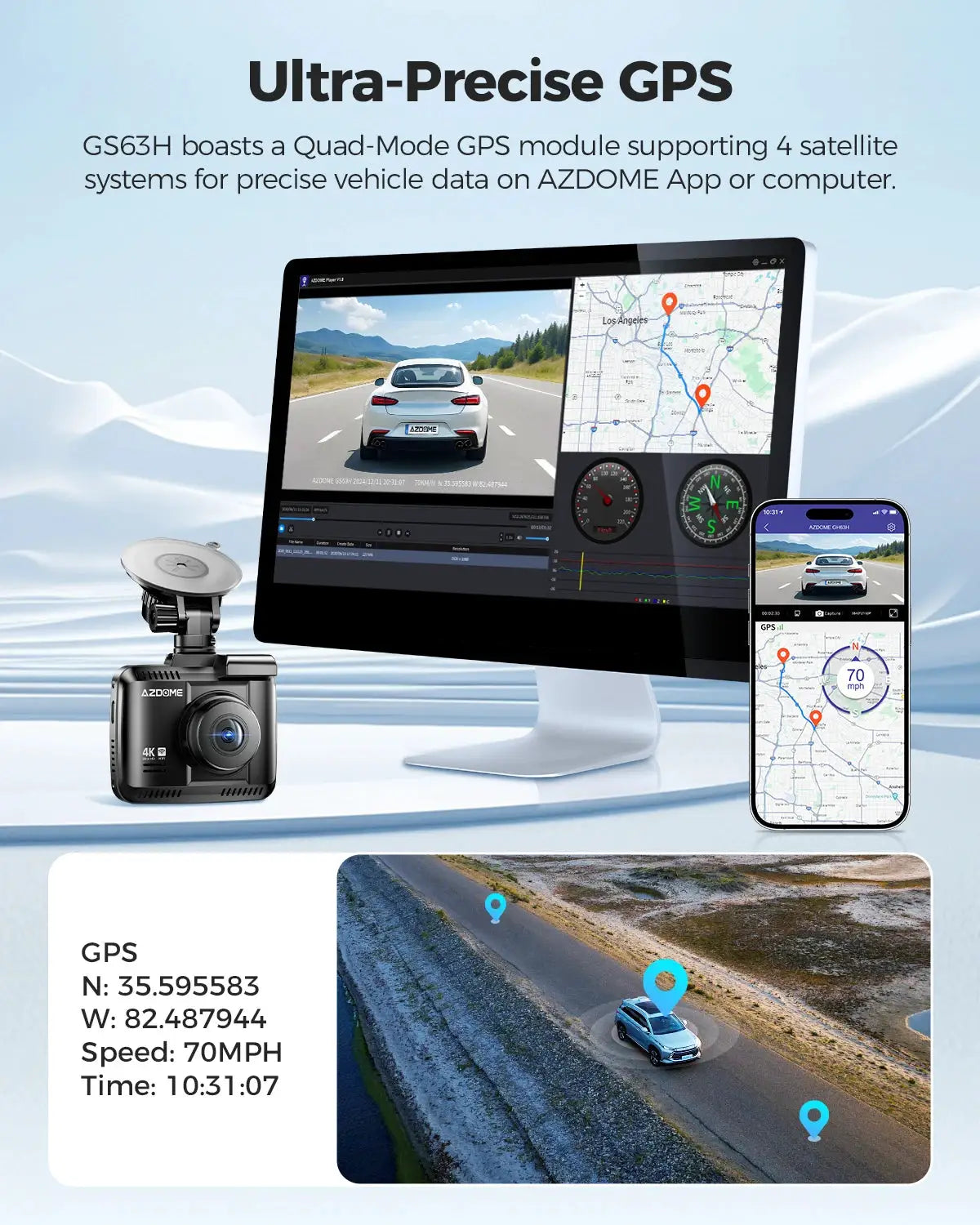 AZDOME GS63H 4K dash cam with built-in GPS and Wi‑Fi, black body shown with monitor and smartphone app