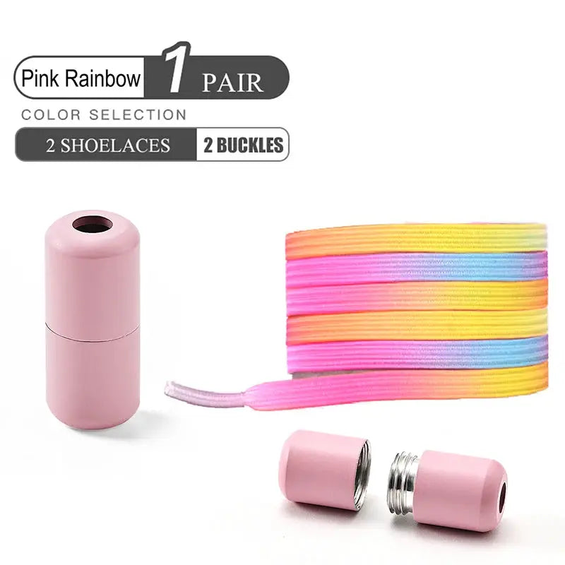 No-tie shoelace set with pink buckle caps and rainbow elastic laces by Simples Market