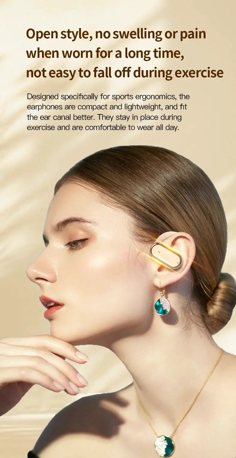 Bluetooth earphones in cream with gold trim worn by a model for sports use