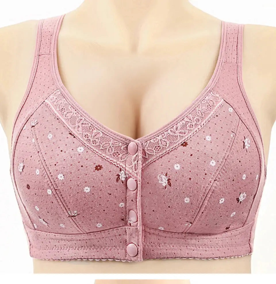Pink front-closure lace bra with floral print; wireless, seamless bralette