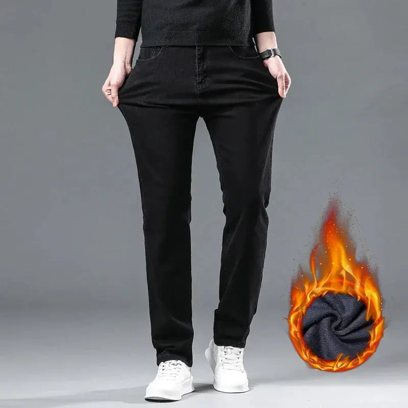 Men's black straight-leg denim pants with warm fleece lining for winter warmth casual wear Simples Market