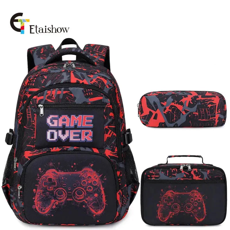 Backpack set for boys with lunch bag and pencil case, red-black camo with Game Over graphic by EtaiShow