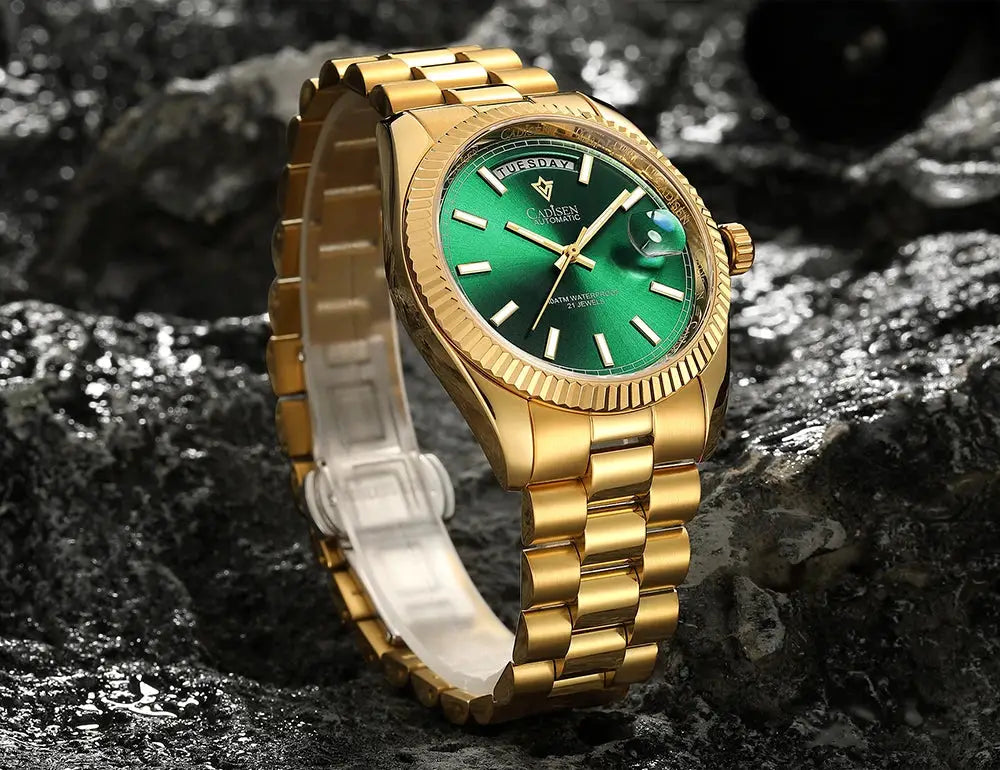 CADISEN DD40 men's luxury automatic watch with green dial, gold-tone stainless steel bracelet, sapphire glass