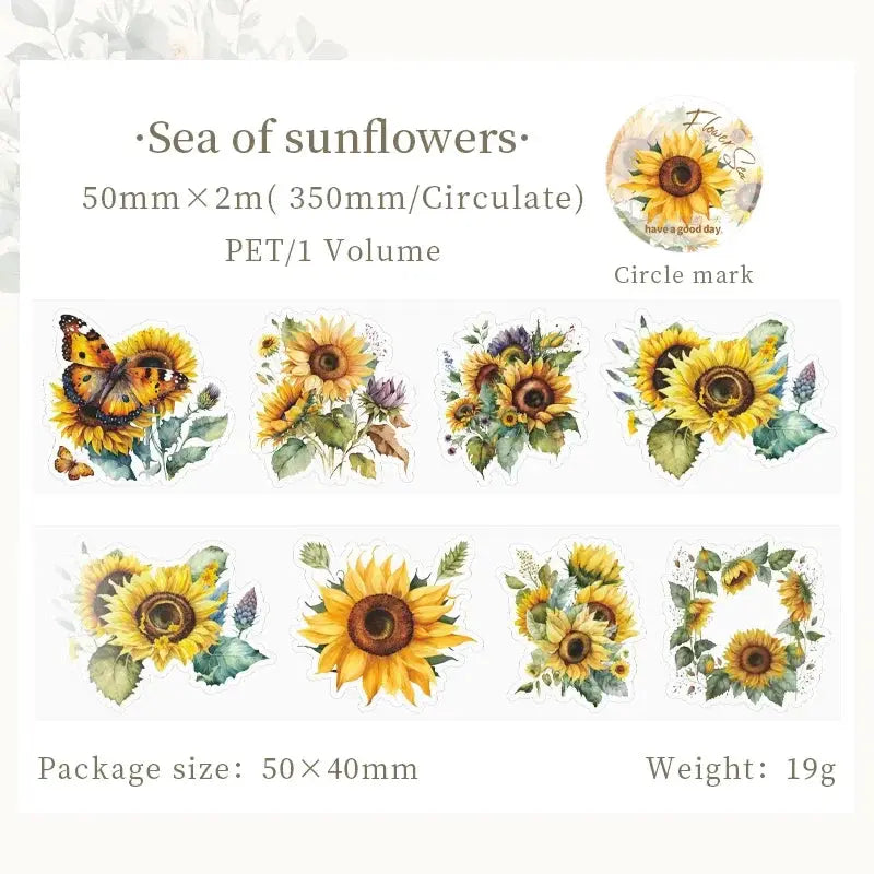 Sea of Sunflowers PET washi tape set by Simples Market; 8 yellow sunflower designs