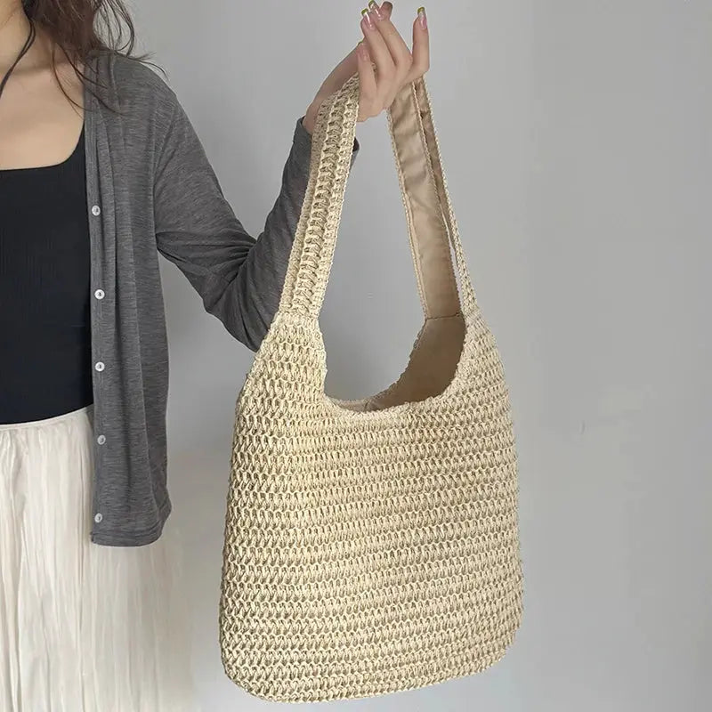 Fashion rattan shoulder bag; natural beige woven straw tote with large capacity, casual beach purse bag
