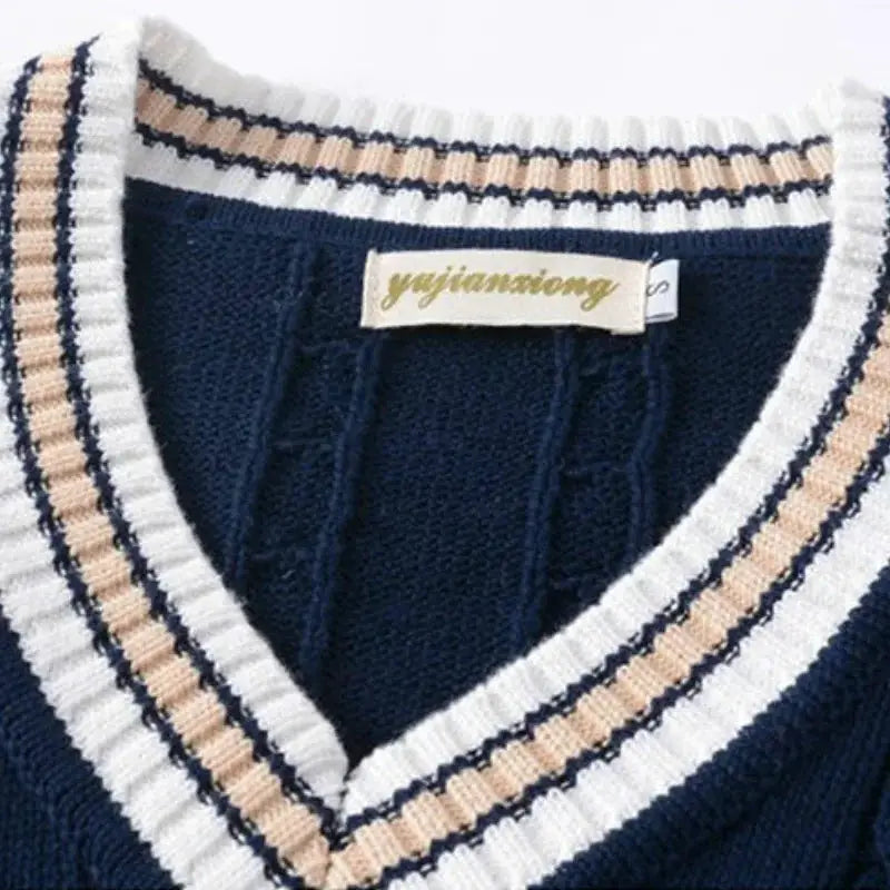 Men's navy knit sweater vest with white and beige striped V-neck trim, casual preppy style, Simples Market